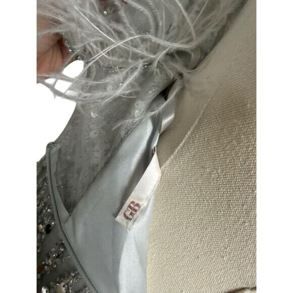 Gianni Bini GB Silver Sequin Feather Cocktail Dress Illusion V Neck - Picture 8 of 15